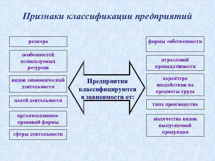 Признаки классификации предприятий размера формы собственности особенностей используемых ресурсов отраслевой принадлежности видов экономической деятельности