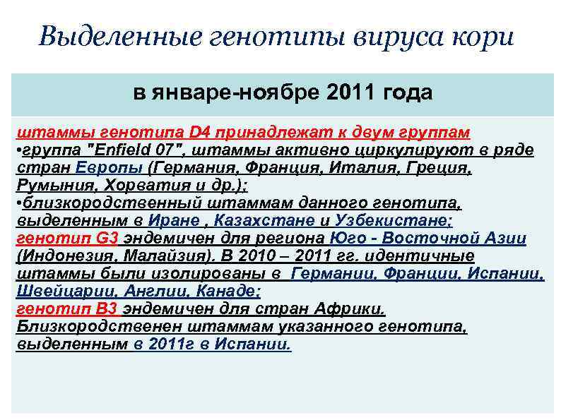 Выделенные генотипы вируса кори в январе-ноябре 2011 года штаммы генотипа D 4 принадлежат к
