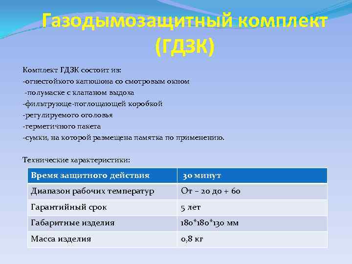 Газодымозащитный комплект (ГДЗК) Комплект ГДЗК состоит из: -огнестойкого капюшона со смотровым окном -полумаске с