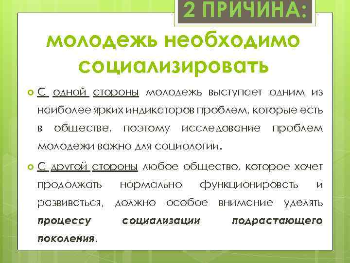 2 ПРИЧИНА: молодежь необходимо социализировать С одной стороны молодежь выступает одним из наиболее ярких