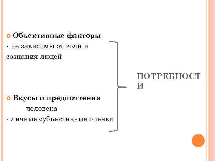 Объективные факторы - не зависимы от воли и сознания людей ПОТРЕБНОСТ И Вкусы и