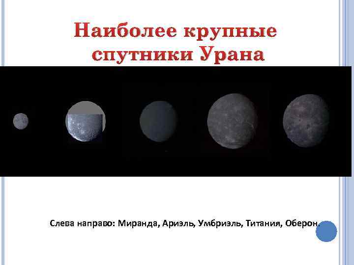 Наиболее крупные спутники Урана Слева направо: Миранда, Ариэль, Умбриэль, Титания, Оберон. 