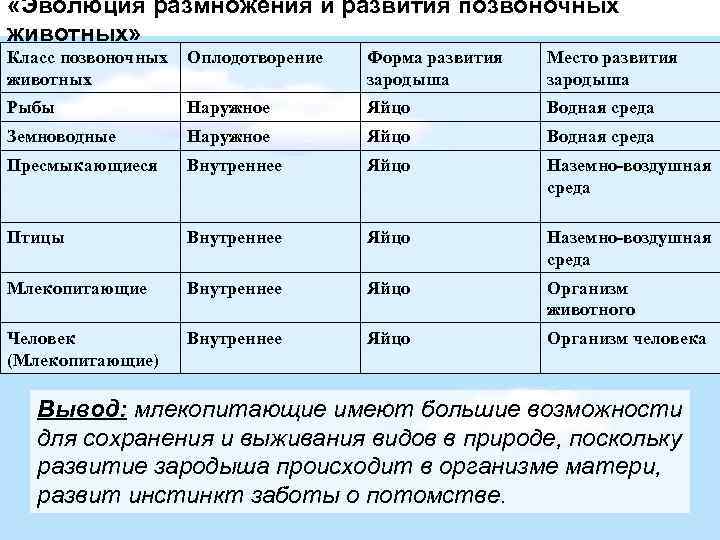  «Эволюция размножения и развития позвоночных животных» Класс позвоночных животных Оплодотворение Форма развития зародыша