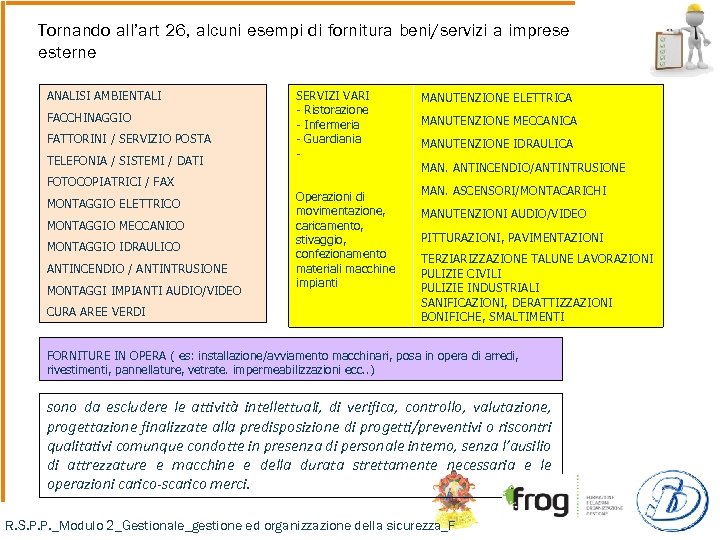 Tornando all’art 26, alcuni esempi di fornitura beni/servizi a imprese esterne ANALISI AMBIENTALI FACCHINAGGIO