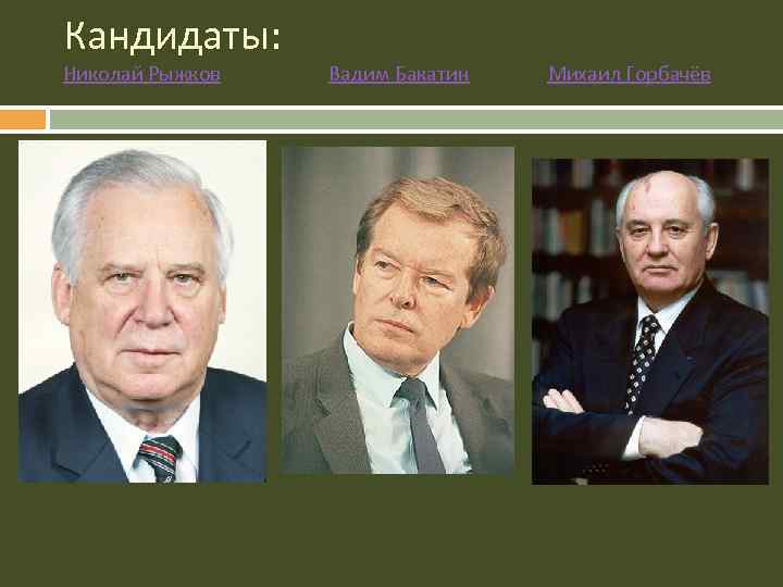 Кандидаты: Николай Рыжков Вадим Бакатин Михаил Горбачёв 