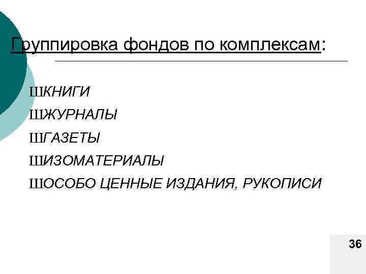 Группировка фондов по комплексам: ШКНИГИ ШЖУРНАЛЫ ШГАЗЕТЫ ШИЗОМАТЕРИАЛЫ ШОСОБО ЦЕННЫЕ ИЗДАНИЯ, РУКОПИСИ 36 