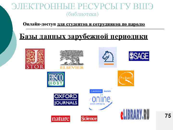 ЭЛЕКТРОННЫЕ РЕСУРСЫ ГУ ВШЭ (библиотека) Онлайн-доступ для студентов и сотрудников по паролю Базы данных