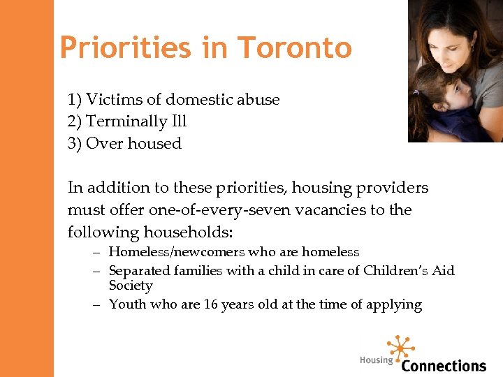 Priorities in Toronto 1) Victims of domestic abuse 2) Terminally Ill 3) Over housed