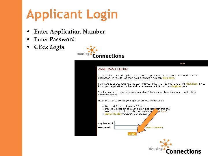 Applicant Login • Enter Application Number • Enter Password • Click Login 