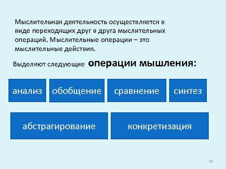 Мыслительная деятельность осуществляется в виде переходящих друг в друга мыслительных операций. Мыслительные операции –