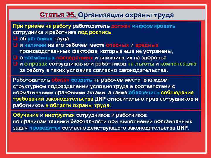 Статья 35. Организация охраны труда При приеме на работу работодатель должен информировать сотрудника и