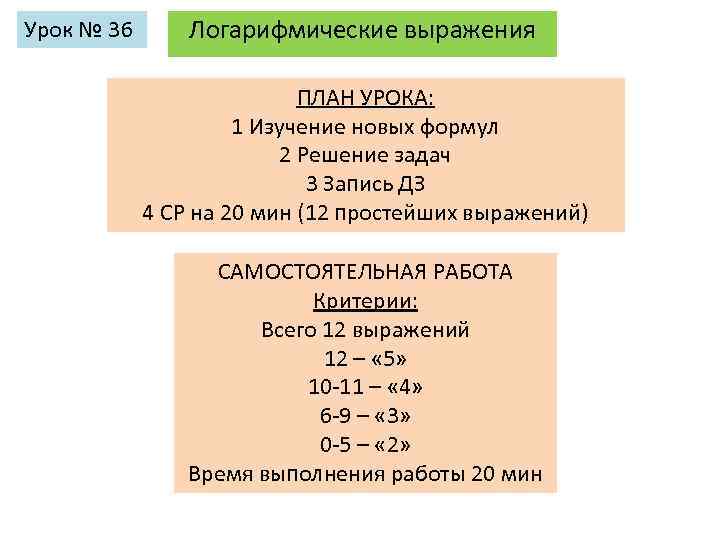 Урок № 36 Логарифмические выражения ПЛАН УРОКА: 1 Изучение новых формул 2 Решение задач