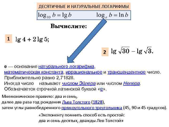 ДЕСЯТИЧНЫЕ И НАТУРАЛЬНЫЕ ЛОГАРИФМЫ 1 2 e — основание натурального логарифма, математическая константа, иррациональное