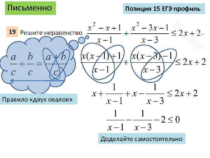 Письменно Позиция 15 ЕГЭ профиль 19 Правило «двух овалов» Доделайте самостоятельно 