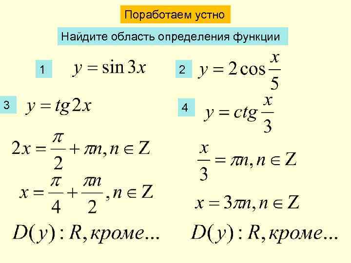 Поработаем устно Найдите область определения функции 1 3 2 4 