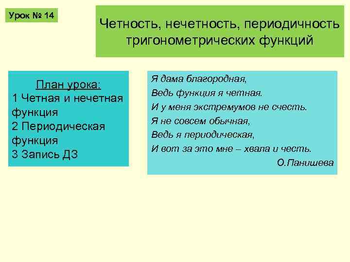 Урок № 14 Четность, нечетность, периодичность тригонометрических функций План урока: 1 Четная и нечетная