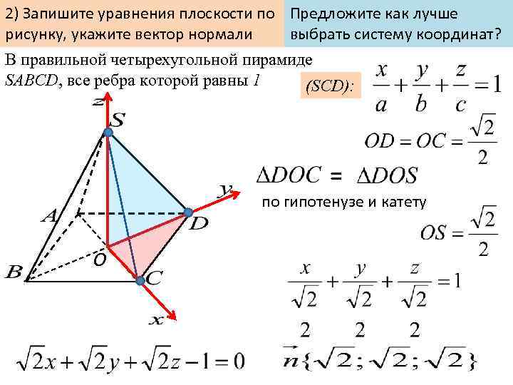2) Запишите уравнения плоскости по Предложите как лучше рисунку, укажите вектор нормали выбрать систему