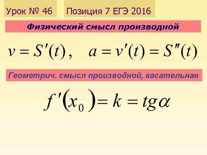 Урок № 46 Позиция 7 ЕГЭ 2016 Физический смысл производной Геометрич. смысл производной, касательная