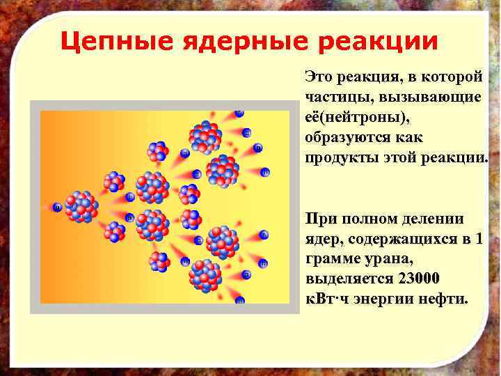 Цепные ядерные реакции Это реакция, в которой частицы, вызывающие её(нейтроны), образуются как продукты этой