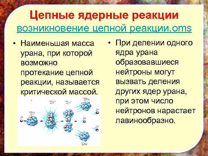 Цепные ядерные реакции возникновение цепной реакции. oms • При делении одного • Наименьшая масса