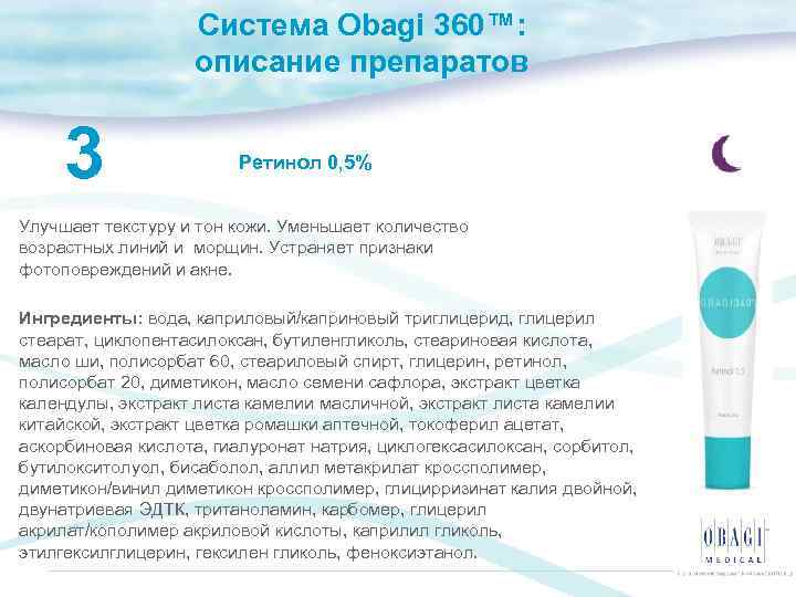 Система Obagi 360™: описание препаратов 3 Ретинол 0, 5% Улучшает текстуру и тон кожи.