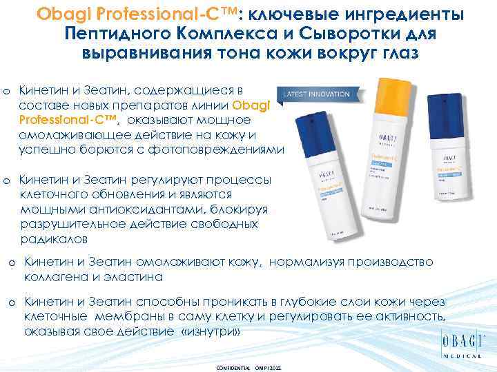Obagi Professional-C™: ключевые ингредиенты Пептидного Комплекса и Сыворотки для выравнивания тона кожи вокруг глаз