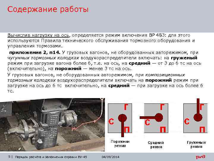 Содержание работы Вычислив нагрузку на ось, определяется режим включения ВР 483: для этого используются