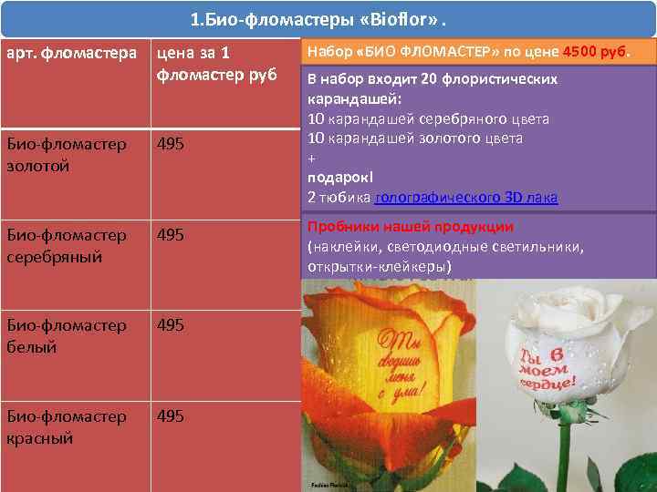 1. Био-фломастеры «Bioflor» . арт. фломастера цена за 1 фломастер руб Био-фломастер золотой 495