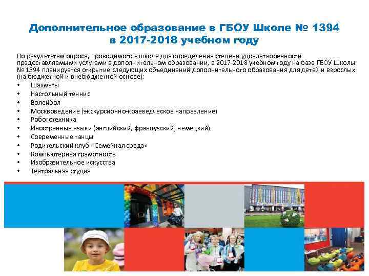 Дополнительное образование в ГБОУ Школе № 1394 в 2017 -2018 учебном году По результатам