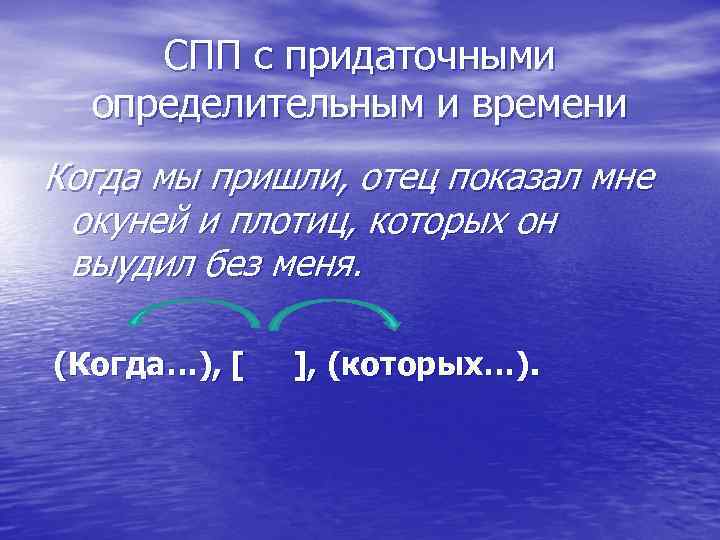 СПП с придаточными определительным и времени Когда мы пришли, отец показал мне окуней и