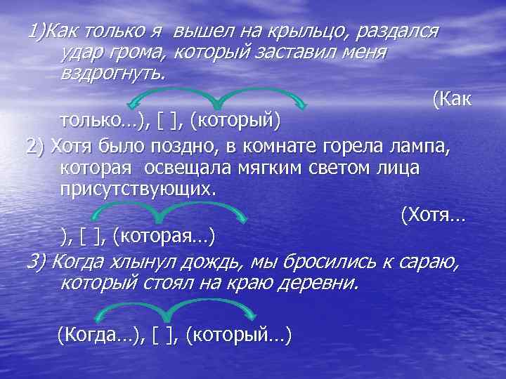 1)Как только я вышел на крыльцо, раздался удар грома, который заставил меня вздрогнуть. (Как