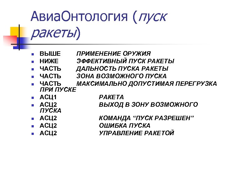 Авиа. Онтология (пуск ракеты) n n n n n ВЫШЕ ПРИМЕНЕНИЕ ОРУЖИЯ НИЖЕ ЭФФЕКТИВНЫЙ