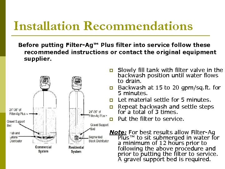 Installation Recommendations Before putting Filter-Ag™ Plus filter into service follow these recommended instructions or