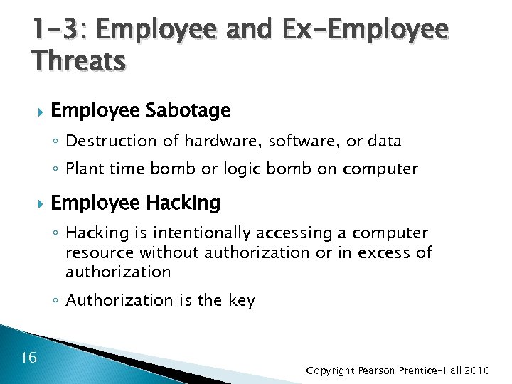 1 -3: Employee and Ex-Employee Threats Employee Sabotage ◦ Destruction of hardware, software, or