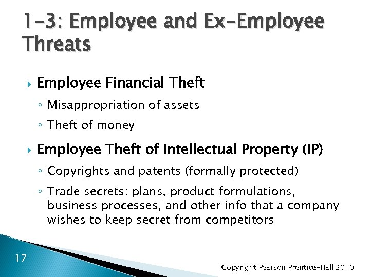 1 -3: Employee and Ex-Employee Threats Employee Financial Theft ◦ Misappropriation of assets ◦