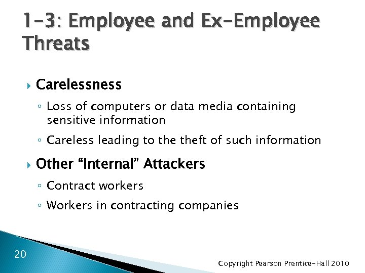 1 -3: Employee and Ex-Employee Threats Carelessness ◦ Loss of computers or data media