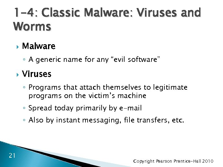 1 -4: Classic Malware: Viruses and Worms Malware ◦ A generic name for any