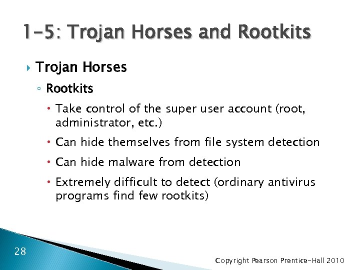 1 -5: Trojan Horses and Rootkits Trojan Horses ◦ Rootkits Take control of the