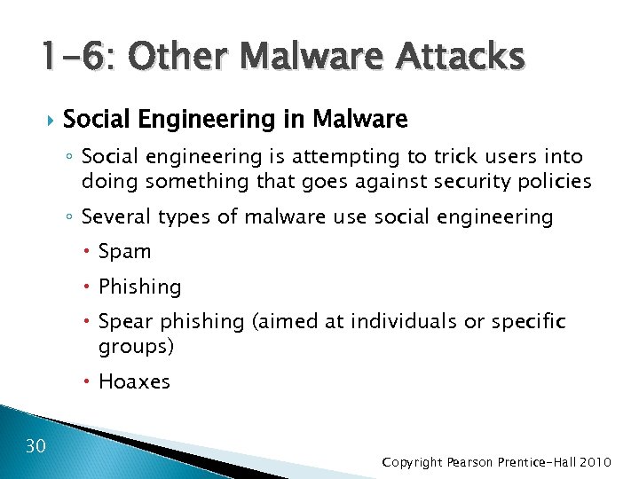 1 -6: Other Malware Attacks Social Engineering in Malware ◦ Social engineering is attempting