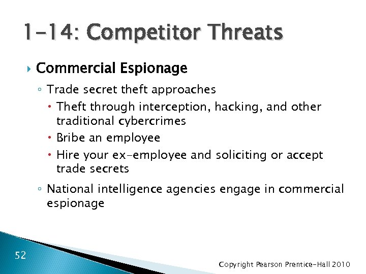 1 -14: Competitor Threats Commercial Espionage ◦ Trade secret theft approaches Theft through interception,