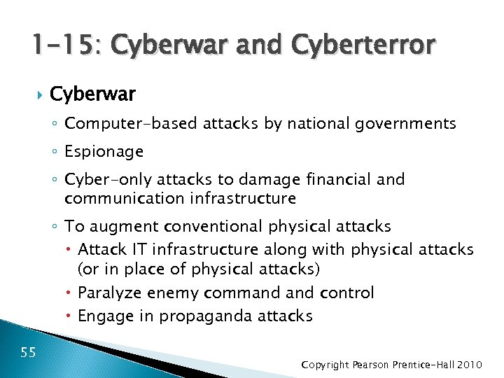 1 -15: Cyberwar and Cyberterror Cyberwar ◦ Computer-based attacks by national governments ◦ Espionage