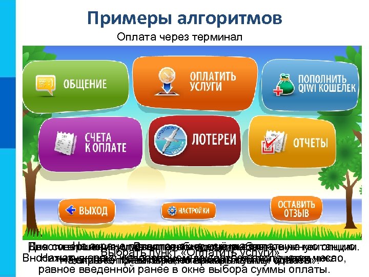 Примеры алгоритмов Оплата через терминал Ввести в. На экране появится окно «сумма оплаты» .
