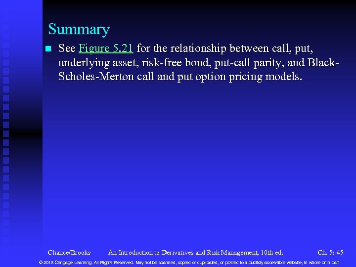 Summary n See Figure 5. 21 for the relationship between call, put, underlying asset,