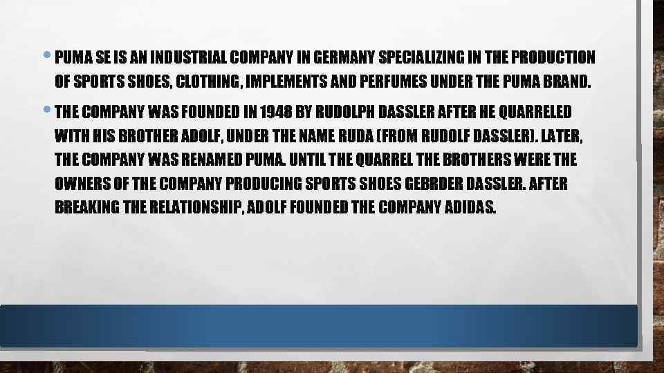  • PUMA SE IS AN INDUSTRIAL COMPANY IN GERMANY SPECIALIZING IN THE PRODUCTION