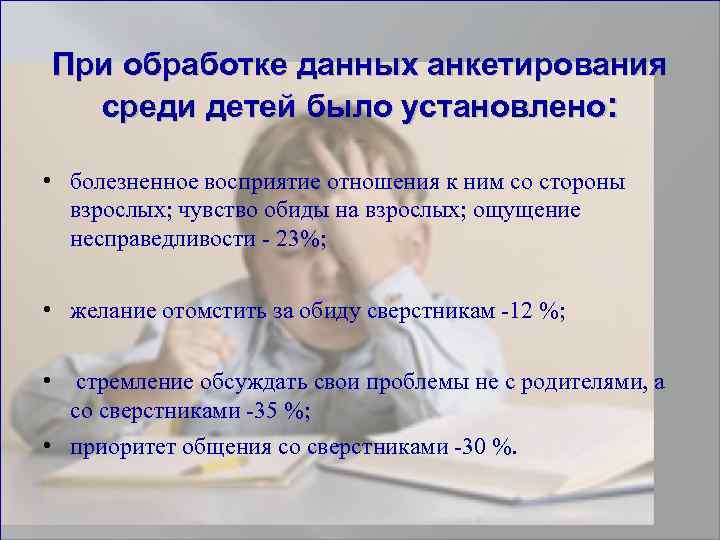 При обработке данных анкетирования среди детей было установлено: • болезненное восприятие отношения к ним