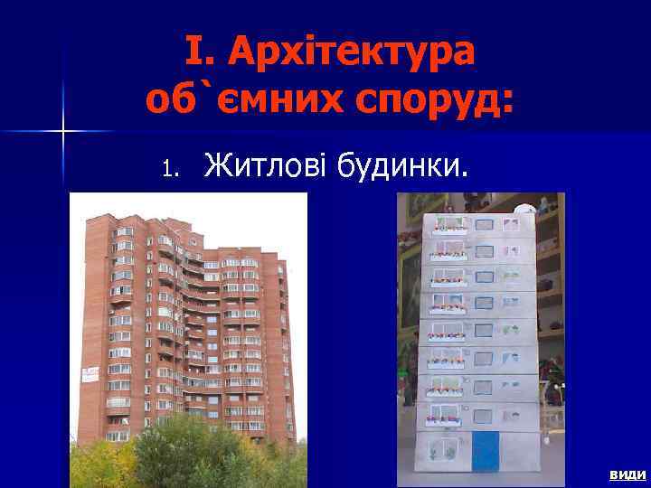 I. Архітектура об`ємних споруд: 1. Житлові будинки. види 