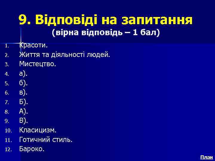 9. Відповіді на запитання (вірна відповідь – 1 бал) 1. 2. 3. 4. 5.