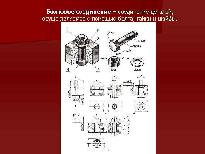 Болтовое соединение – соединение деталей, осуществляемое с помощью болта, гайки и шайбы. 