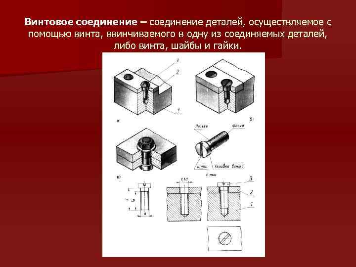 Винтовое соединение – соединение деталей, осуществляемое с помощью винта, ввинчиваемого в одну из соединяемых