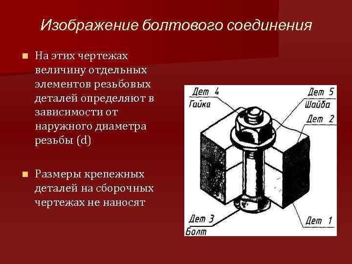 Изображение болтового соединения n На этих чертежах величину отдельных элементов резьбовых деталей определяют в